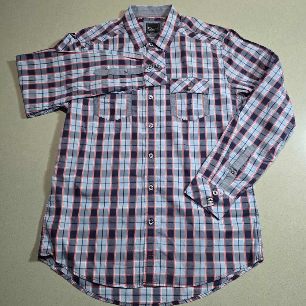 7 Diamonds Mens Plaid Button Down Shirt Blue Orange Long Sleeve Size M